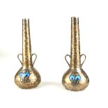 A PAIR OF ART NOUVEAU SILVER AND ENAMEL BUD VASES Having twin handles and applied organic form