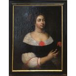 A 17TH CENTURY OIL ON CANVAS, PORTRAIT OF A LADY Holding a posy, later ebonised frame, relined. (