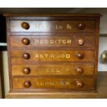 A LATE VICTORIAN MAHOGANY TABLE TOP HABERDASHERY CHEST Of five long sign written drawers. (47cm x