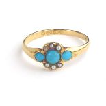 A VICTORIAN 18CT GOLD, TURQUOISE AND SEED PEARL RING The arrangement of three turquoise beads