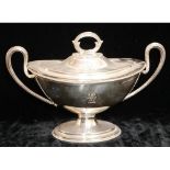 A VICTORIAN SILVER PLATED NAVETTE FORM SAUCE BOAT TUREEN With twin handles and beaded edge. (
