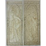 A PAIR OF RETANGULAR PLASTER RELIEF WALL PLAQUES Depicting Art Nouveau maidens in a Gothic pointed