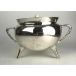IN THE MANNER OF CHRISTOPHER DRESSER, A STYLISH HEAVY SILVER PLATE TWO HANDLED TUREEN With Ivory