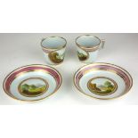 A PAIR OF LATE 18TH/EARLY 20TH CENTURY ENGLISH PORCELAIN CABINET CUPS AND SAUCERS Each being hand