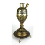 A 19TH/20TH CENTURY BRASS AND BLACK ENAMELLED HOOKA BASE Decorated with Turkish flags and flora. (