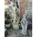 TWO RECONSTITUTED STONE STATUES To include a woman holding flowers, on a plinth base, together