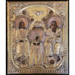 AN EARLY 20TH CENTURY RUSSIAN ICON Holy trinity with gilded brass oklad. (25cm x 30cm)