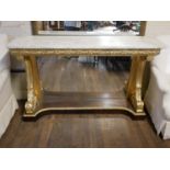 A REGENCY PERIOD ROSEWOOD AND GILDED CONSOLE TABLE With white marble top and mirrored back, scroll