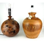 TWO VINTAGE LAMPS, ONE CARVED WALNUT & ONE CAMPHOR WOOD, Spherical form. (approx 23cm)