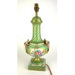 AN EARLY 20TH CENTURY GERMAN PORCELAIN LAMP Single baluster vase with pale green ground, richly