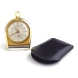 JAEGER-LECOULTRE, A VINTAGE 18CT GOLD PLATED MEMOVOX ALARM TRAVEL CLOCK Having a subsidiary alarm