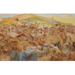 A 20TH CENTURY MIDDLE EASTERN SCHOOL WATERCOLOUR Busy camel market, signed with initials ?EG?,