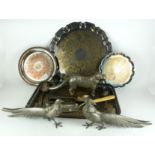 A QUANTITY OF ASSORTED SILVER PLATED ITEMS To Include two pheasants, serving trays, napkin rings