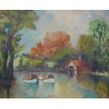 FOLLOWER OF RONALD OSSORY DUNLOP, 1894 - 1973, OIL ON CANVAS The River Thames at Kingston, inscribed