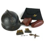 A FRENCH WWII RF ?RÉPUBLIQUE FRANÇAISE? COMBAT HELMET Together with an assortment of items to