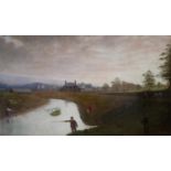 A LARGE 19TH CENTURY OIL ON CANVAS American provincial school river landscape with figures