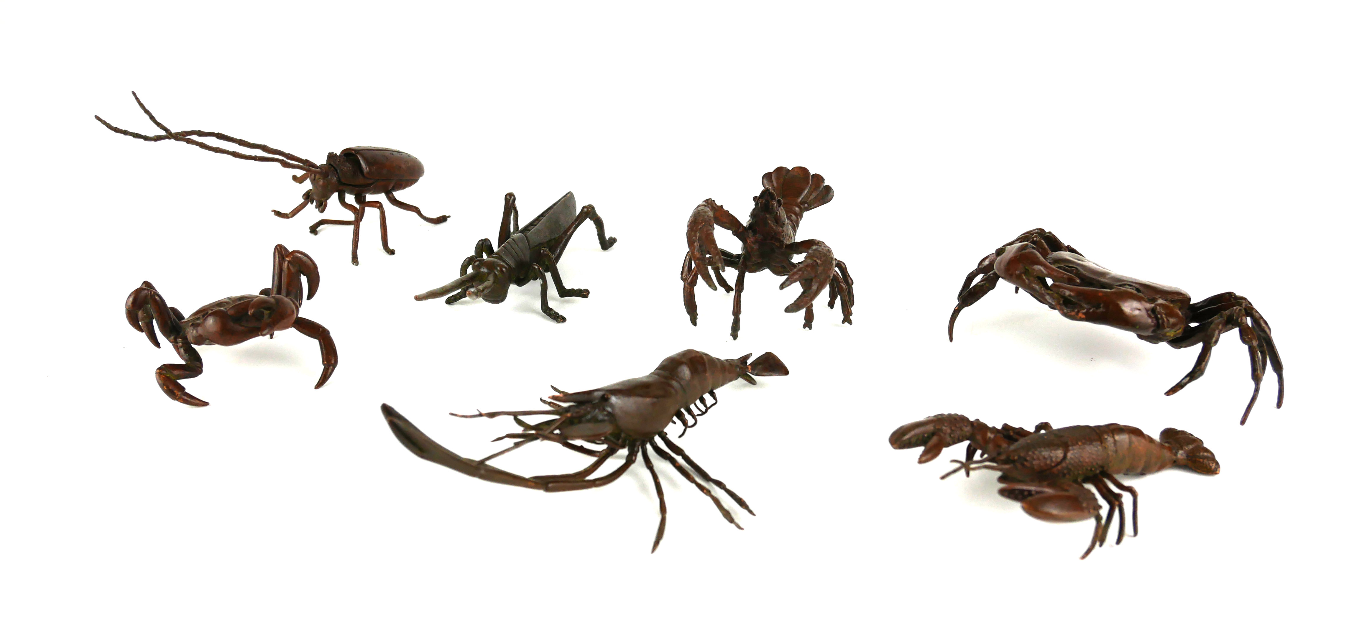 A COLLECTION OF SEVEN BRONZE ANIMAL SCULPTURES Including crabs, beetles and other crustaceans. (