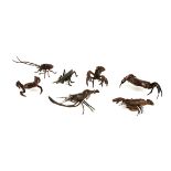 A COLLECTION OF SEVEN BRONZE ANIMAL SCULPTURES Including crabs, beetles and other crustaceans. (