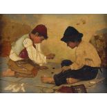 AN EARLY 20TH CENTURY CONTINENTAL OIL ON PANEL Portrait two peasant children playing dice, in a
