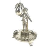 A 19TH CENTURY PORTUGUESE SILVER 833 PICK HOLDER In the form of a young man holding a large pear