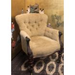 A WILLIAM IV MAHOGANY TUB ARMCHAIR In later button back oatmeal upholstery, scroll arms, above a