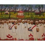 AN EARLY 20TH CENTURY ETHIOPIAN SCHOOL OIL ON BOARD, COPTIC CHRISTIAN GATHERING Inscribed and