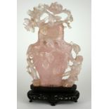 A CHINESE ROSE QUARTZ VASE AND COVER Fine carved rose to lid and body, on white metal inlaid