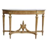 MANNER OF GEORGES JACOB, 18TH CENTURY LOUIS XVI GILTWOOD CONSOLE TABLE The demilune moulded marble