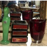 A WHITEFRIARS VASE Along with an Elwells glass vase and three Dunhill shallow bowls. (largest 21cm)