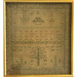 A.M. ANDREW, NOV 13 1826, A NEEDLEWORK SAMPLER Embroidered with cats, figures and foliage, gilt