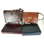 A COLLECTION OF FOUR VINTAGE HANDBAGS Comprising a lizard skin bag with Harrods label, a snakeskin