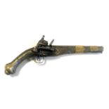 AN 18TH/19TH CENTURY EUROPEAN FLINTLOCK PISTOL With brass bound steel barrel and engraved brass clad