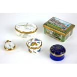 HALCYON DAYS, A COLLECTION OF FIVE ENAMEL ON GILT METAL TRINKET BOXES Including 'Happiness', '
