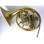 A VINTAGE CZECH BRASS LIGNATONE FRENCH HORN/ TUBA MUSICAL INSTRUMENT With white metal mounts. (