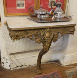 A 19TH CENTURY GILT CONSOLE TABLE With white marble top above a pierced foliage boarder on single