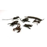 A COLLECTION OF SEVEN BRONZE ANIMAL SCULPTURES Including a centipede, scorpion and beetles. (