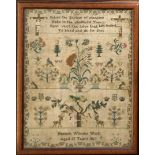 HANNAH WILSON, AGED 13, 1813, A NEEDLEWORK SAMPLER Embroidered with animals, flowers and script,