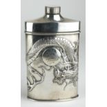 A CHINESE SILVER SPIRIT FLASK Entwined in relief with a four toed dragon. (13cm)