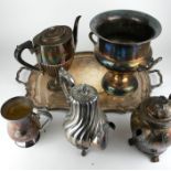 A COLLECTION OF VARIOUS 19TH CENTURY AND LATER SILVER PLATED ITEMS To include teapots, ice bucket,