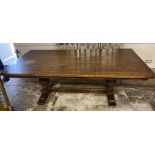 AN ELIZABETHAN DESIGN OAK REFECTORY TABLE With cup and cover bulbous supports. (213cm x 108cm x