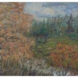 CIRCLE OF CHARLES GINNER, BRITISH, 1878 - 1952, OIL ON CANVAS River landscape, titled ?Springtime