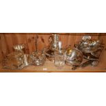 A COLLECTION OF 20TH CENTURY SILVER PLATED WARE Including a serving tray, ice bucket, cruet frame,