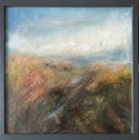 KAREN EAMES, 1960 ' PRESENT, OIL PAINT AND COLD WAX BOARD Titled 'Devasted Land 2019', signed