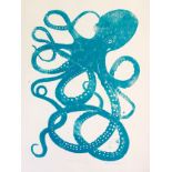 KEVIN DEAN, RCA, BRITISH, WOODCUT OF AN OCTOPUS Hand printed on acid free paper in teal ink (