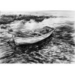 MIKE SCREEN, 1964 ' PRESENT, INK AND WASH ON PAPER Study of decaying boat, Langstone Harbour,