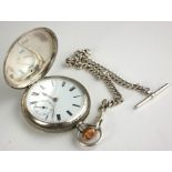 AN EDWARDIAN HALLMARKED SILVER POCKET WATCH ON ALBERT CHAIN.