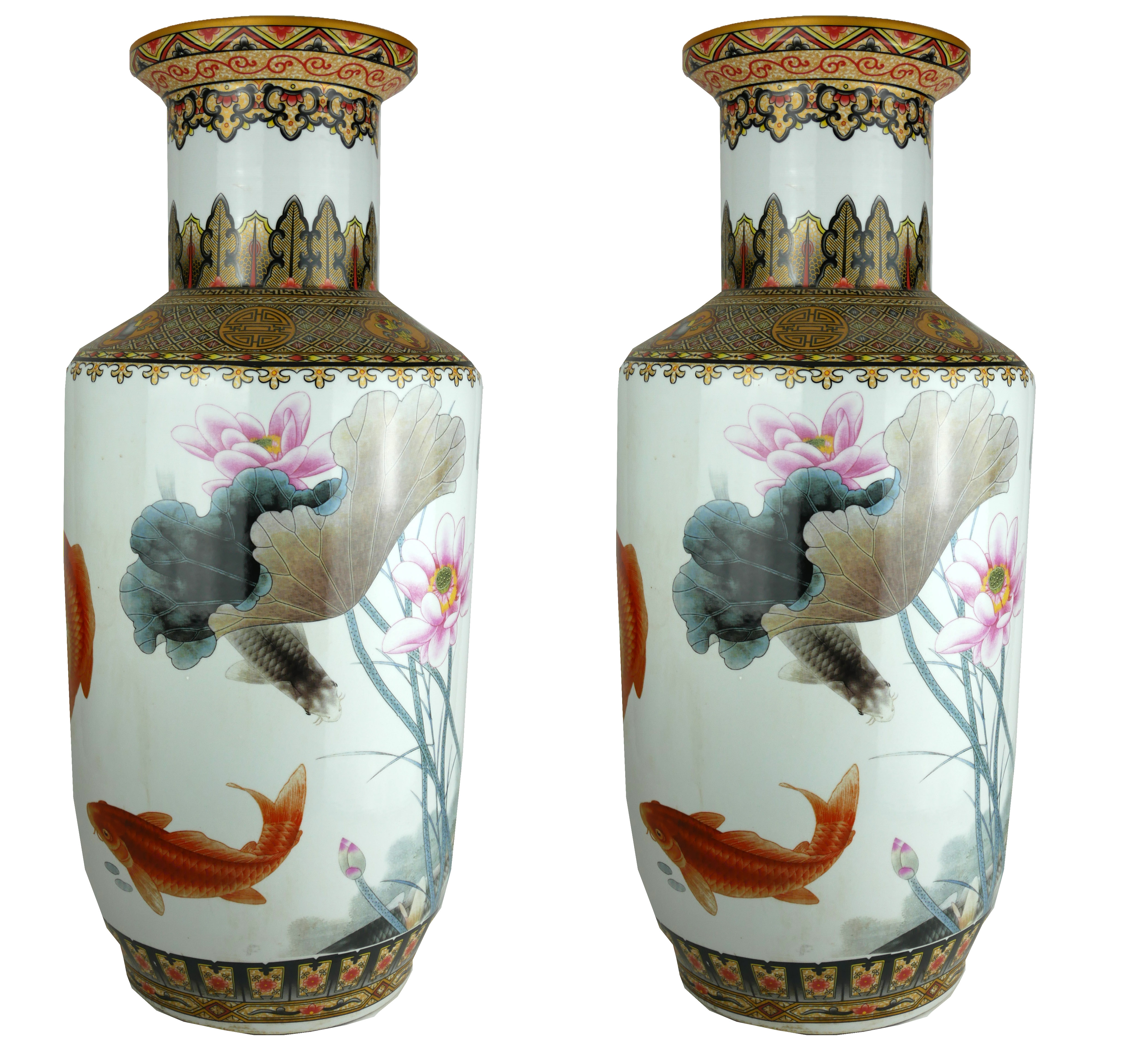 A LARGE PAIR OF CHINESE PORCELAIN VASES Hand painted decoration of coy carp in a floral landscape,