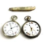 A MOTHER OF PEARL AND SILVER PEN KNIFE Along with a WWII pocket watch and a silver pocket watch.