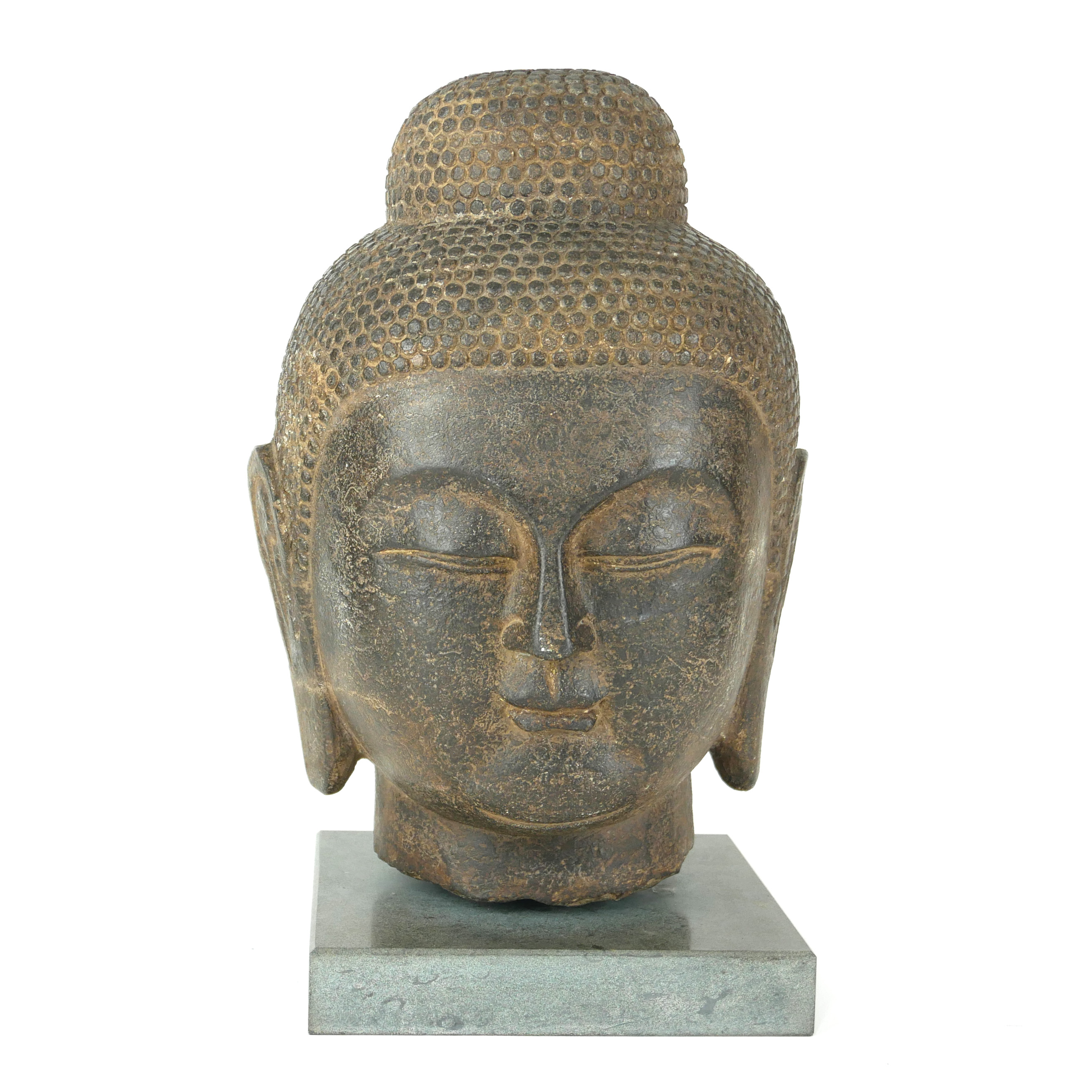 A LARGE FINELY CARVED CHINESE (POSSIBLY MING DYNASTY) GREY STONE HEAD OF A BUDDHA On a marble