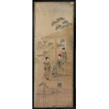 A PAIR OF CHINESE WATERCOLOUR ON SILK Landscapes, three maidens in an exotic garden with a